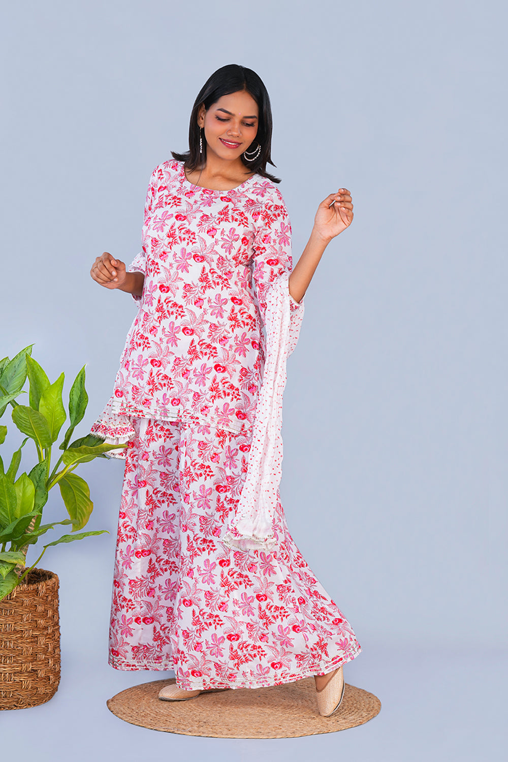 Image of Pink Pomegranate block printed Sharara set