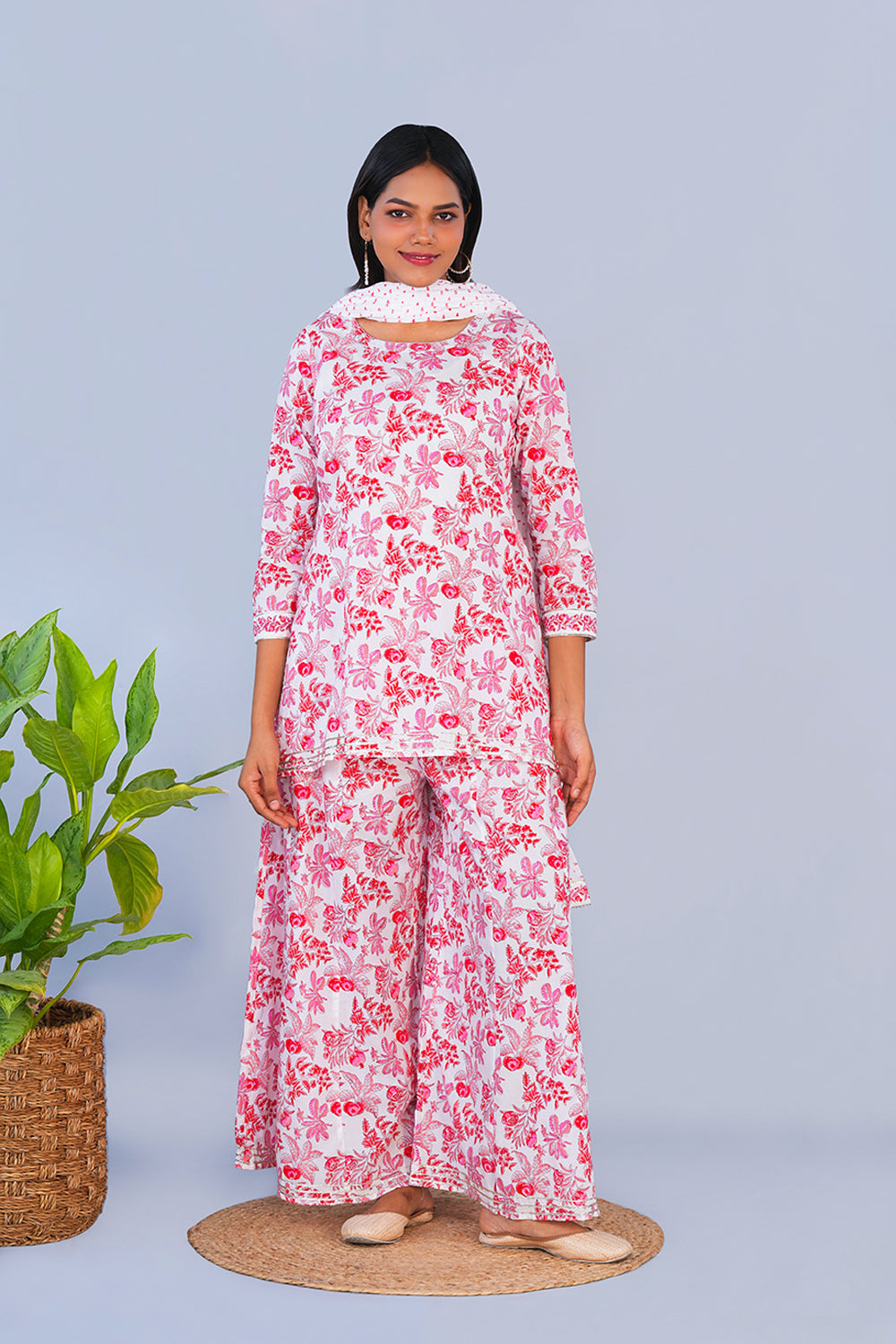 Image of Pink Pomegranate block printed Sharara set