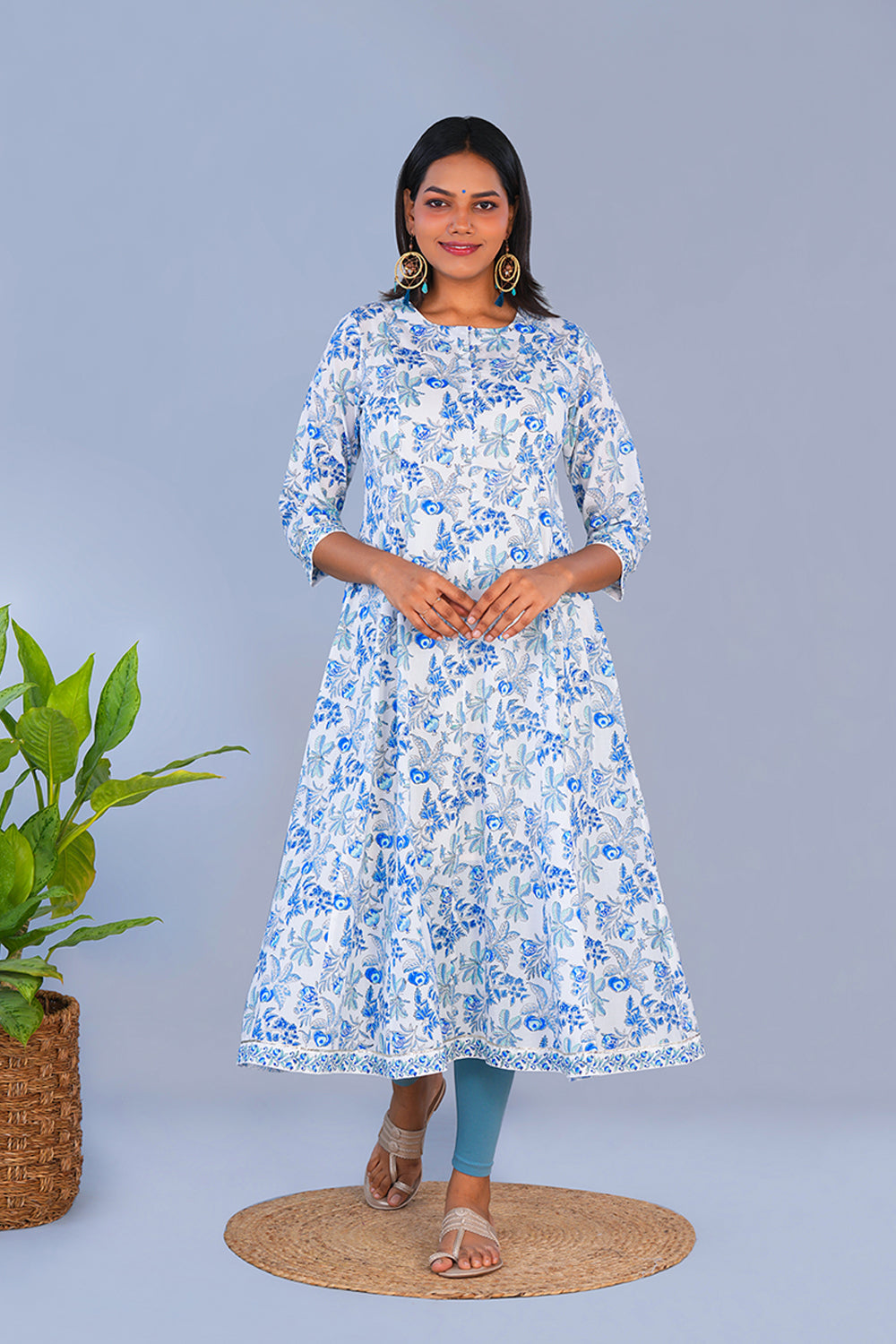 Image of Chalky Blue Pomegranate Block printed cotton Kurta