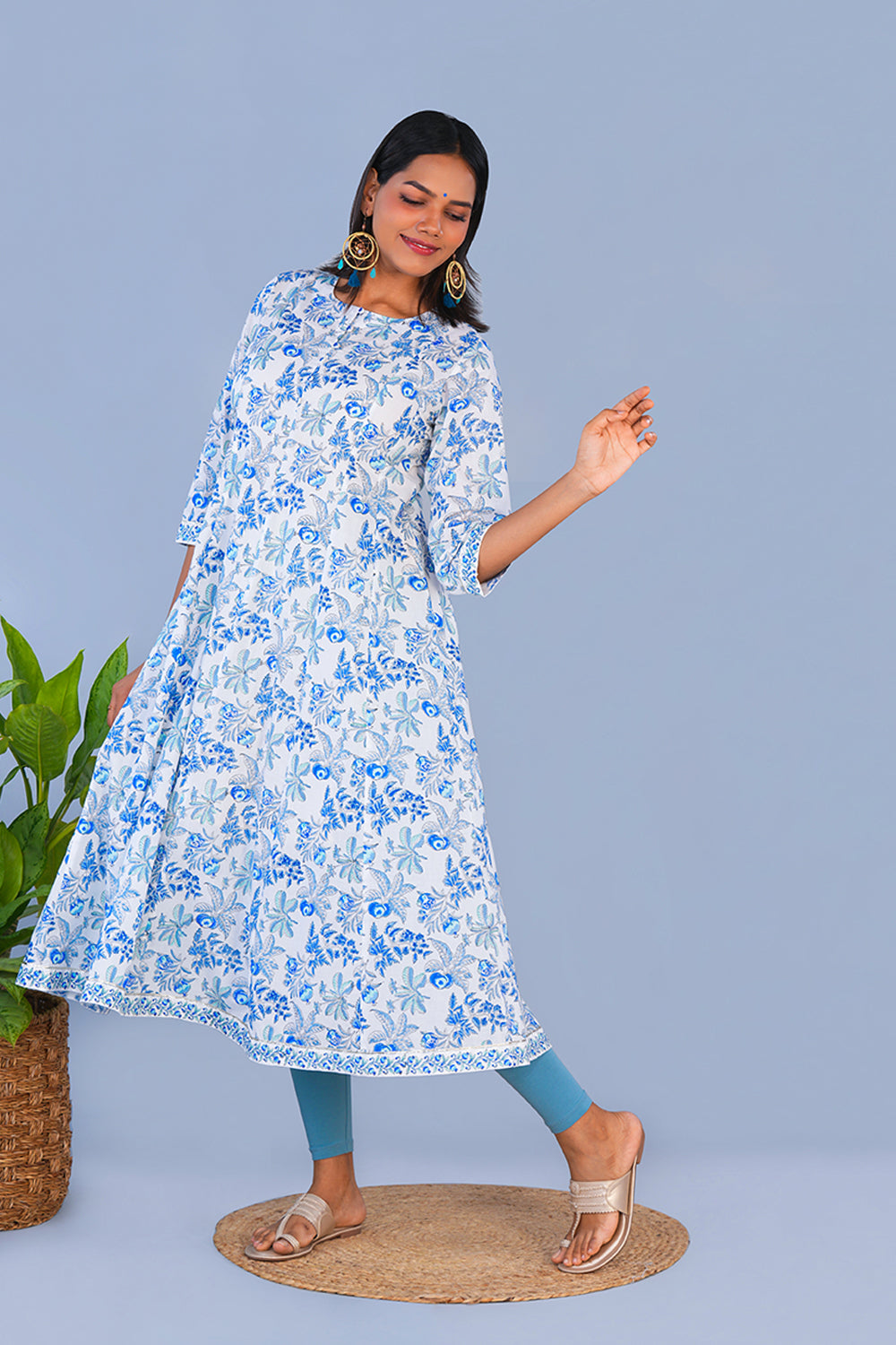 Image of Chalky Blue Pomegranate Block printed cotton Kurta