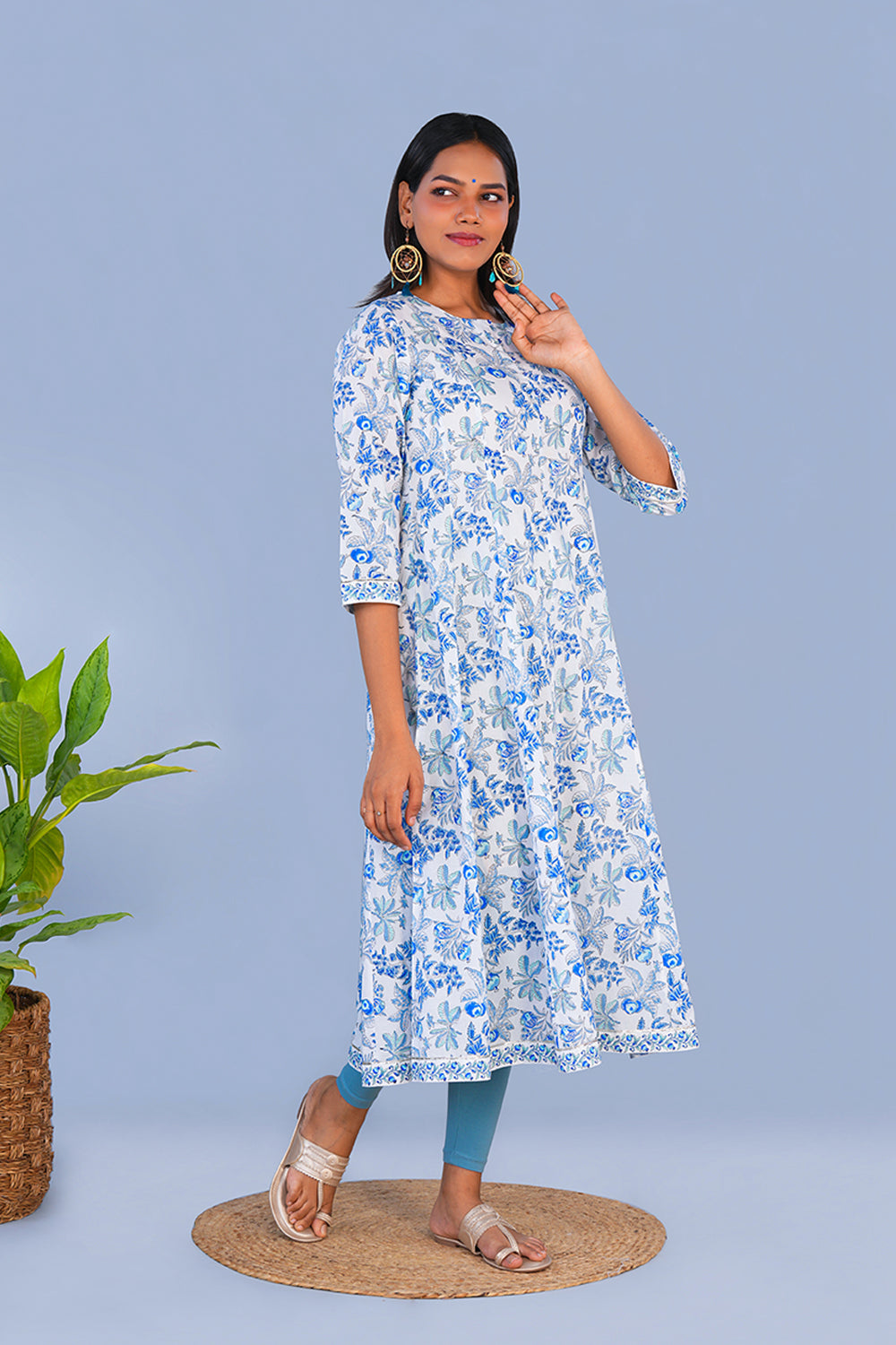 Image of Chalky Blue Pomegranate Block printed cotton Kurta