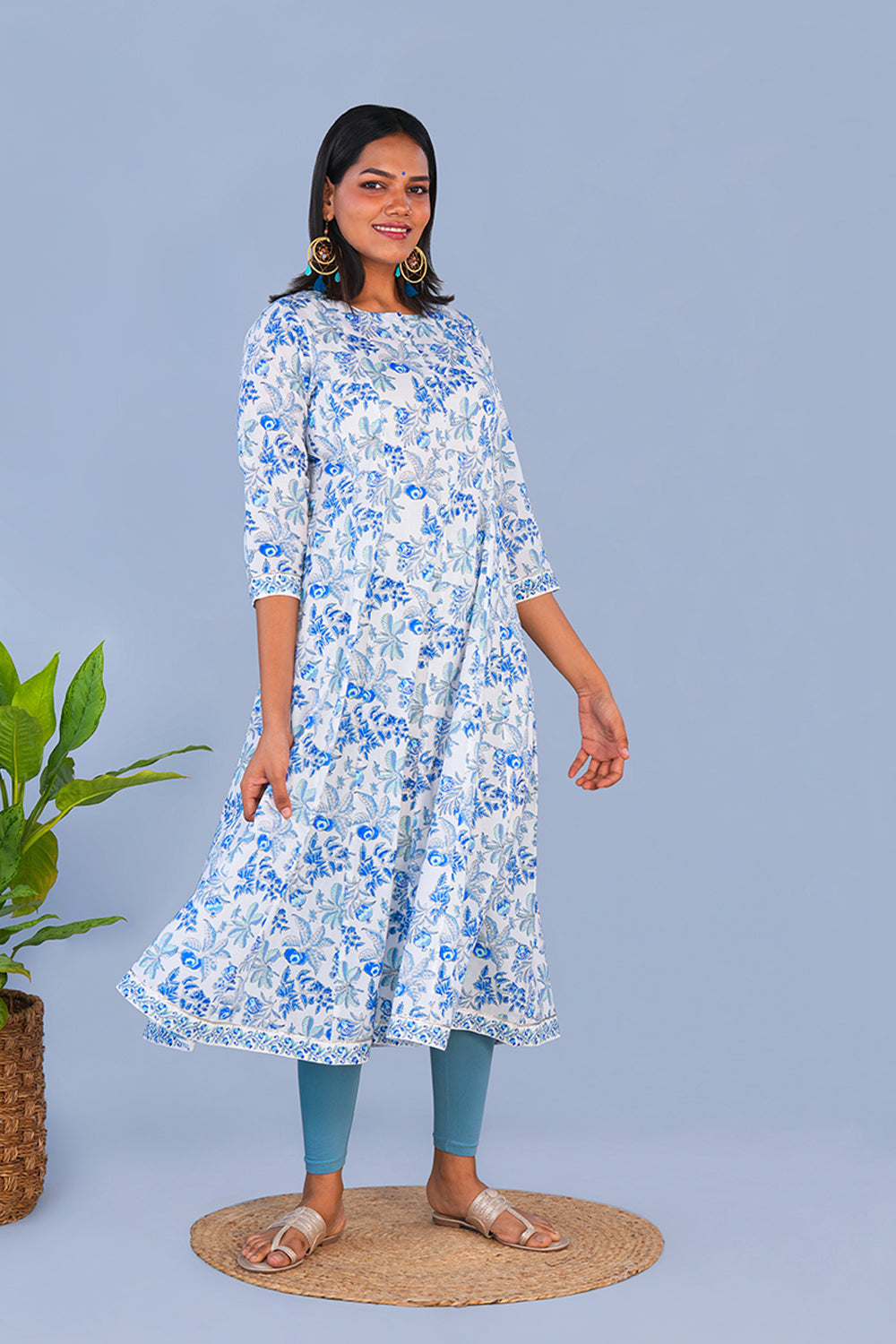 Image of Chalky Blue Pomegranate Block printed cotton Kurta