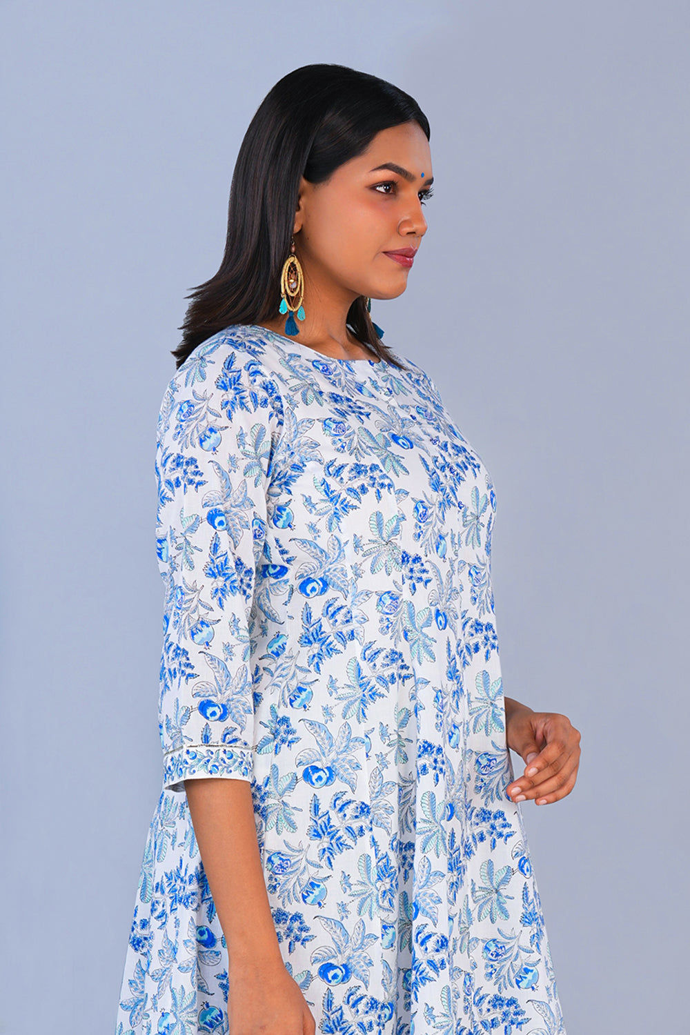 Image of Chalky Blue Pomegranate Block printed cotton Kurta