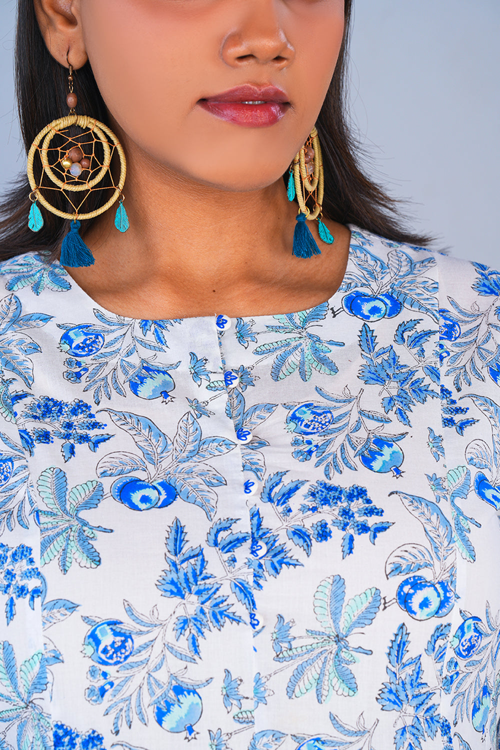 Image of Chalky Blue Pomegranate Block printed cotton Kurta