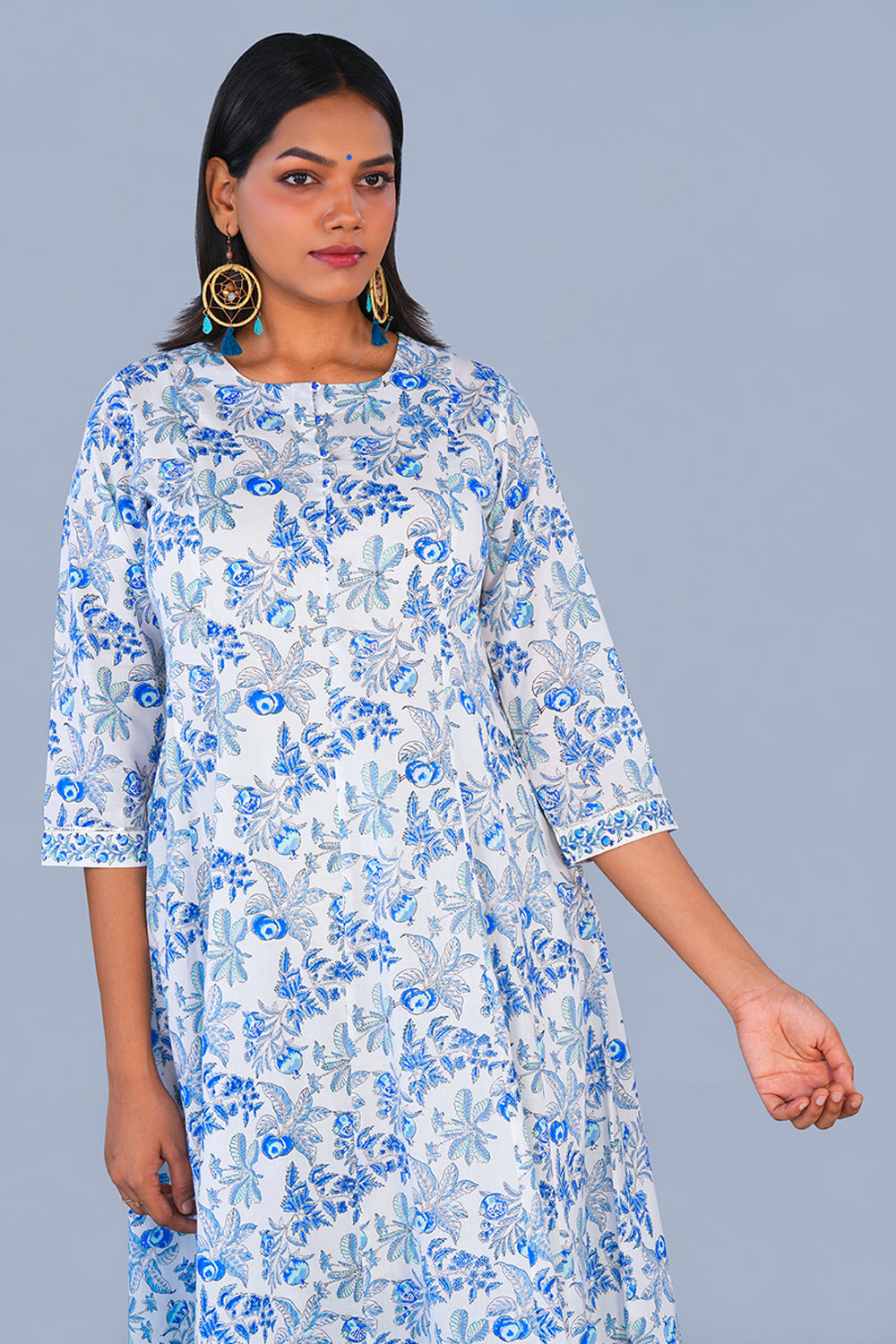 Image of Chalky Blue Pomegranate Block printed cotton Kurta