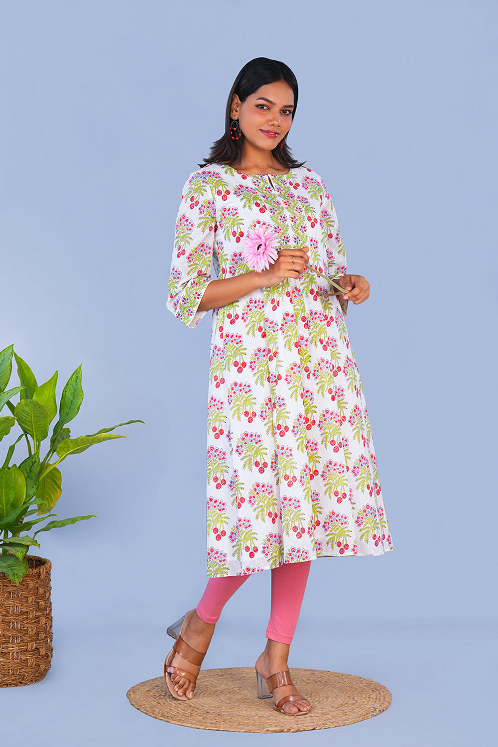 Image of Red Litchi block printed cotton Kurta