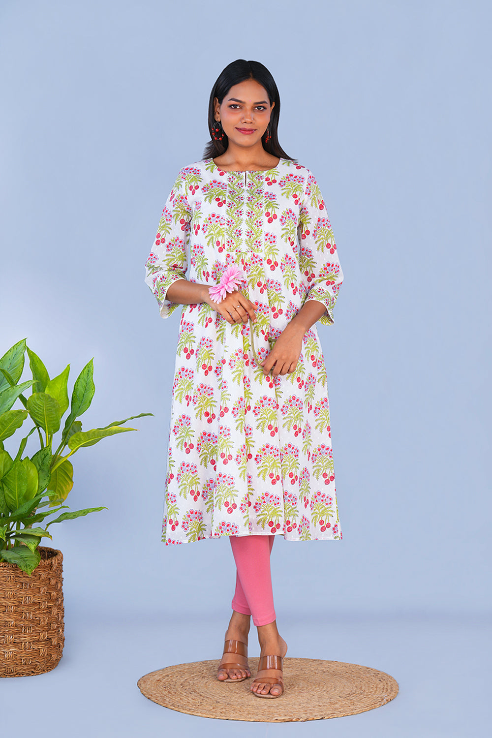 Image of Red Litchi block printed cotton Kurta
