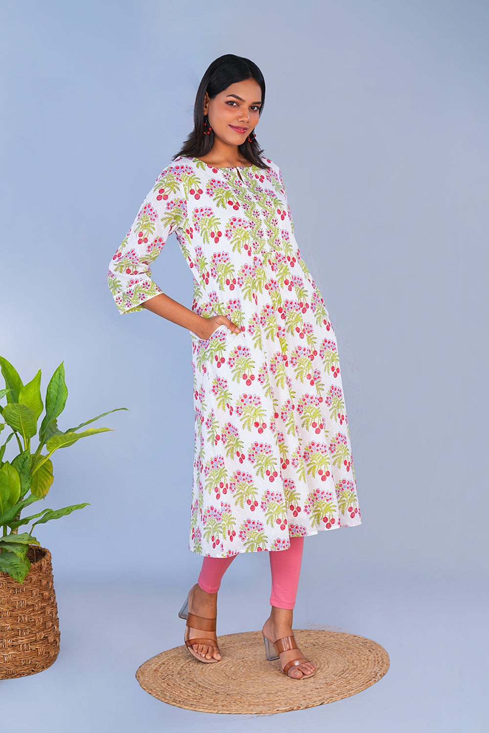 Image of Red Litchi block printed cotton Kurta