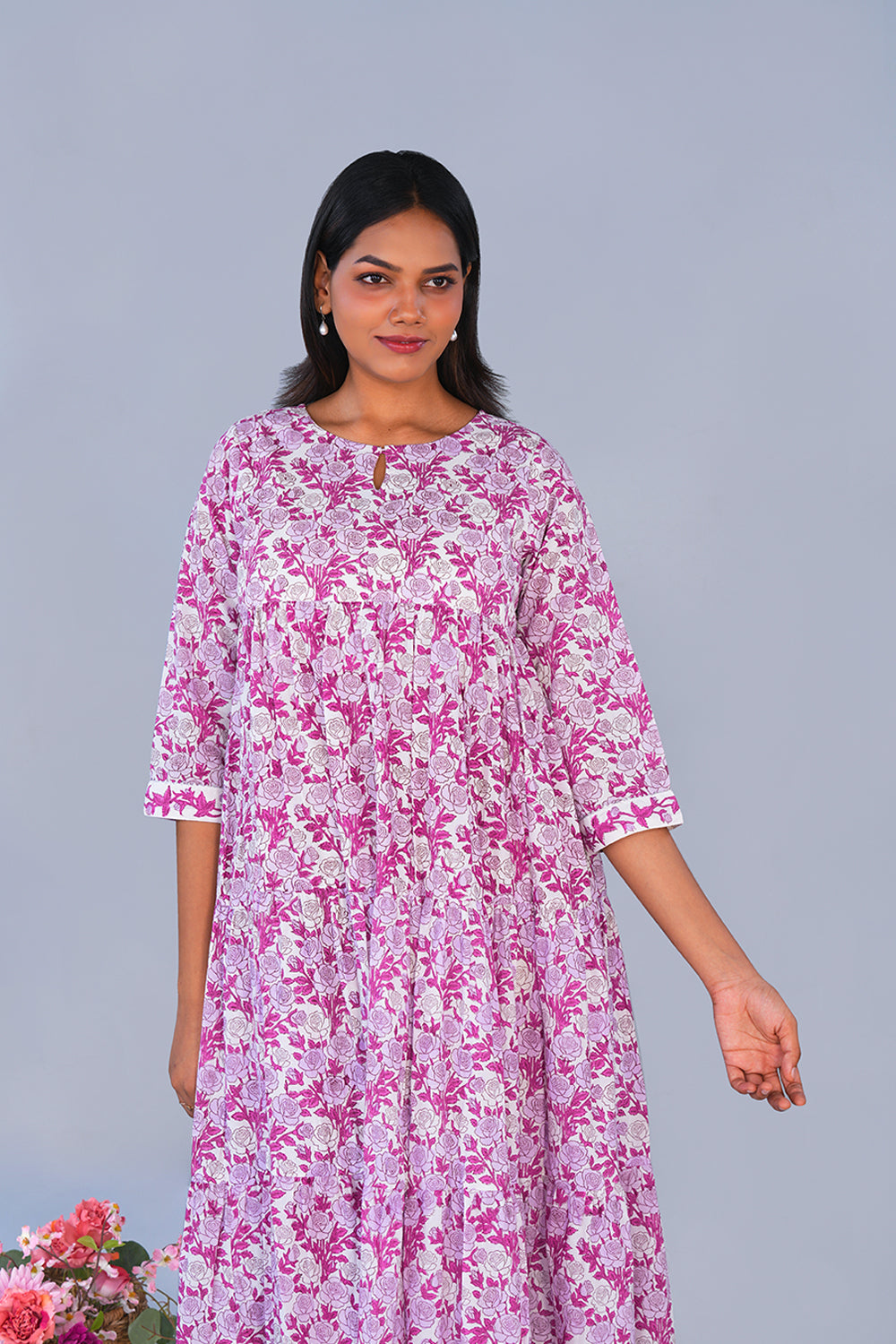 Image of Purple Rose Floral block printed cotton Kurta
