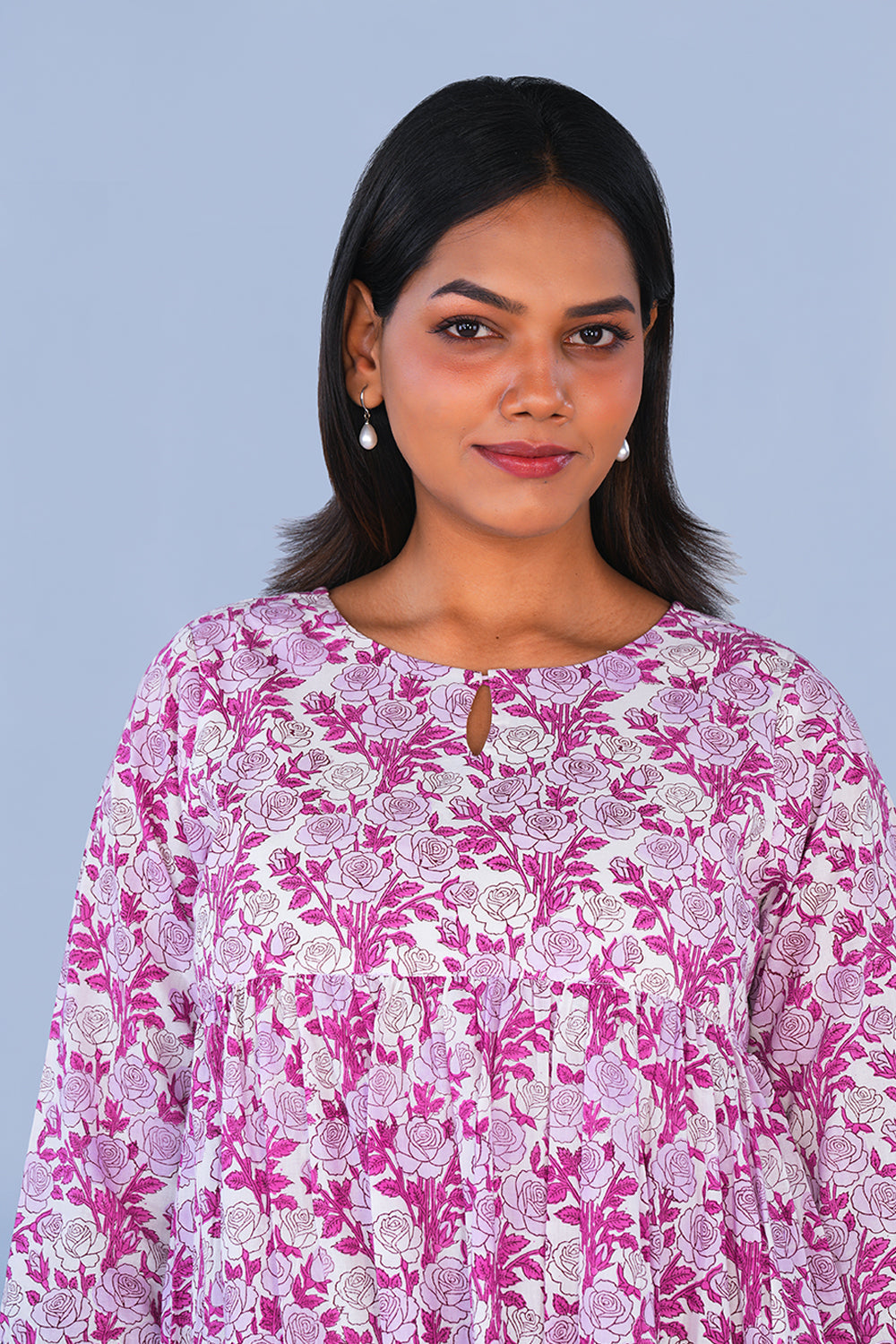 Image of Purple Rose Floral block printed cotton Kurta