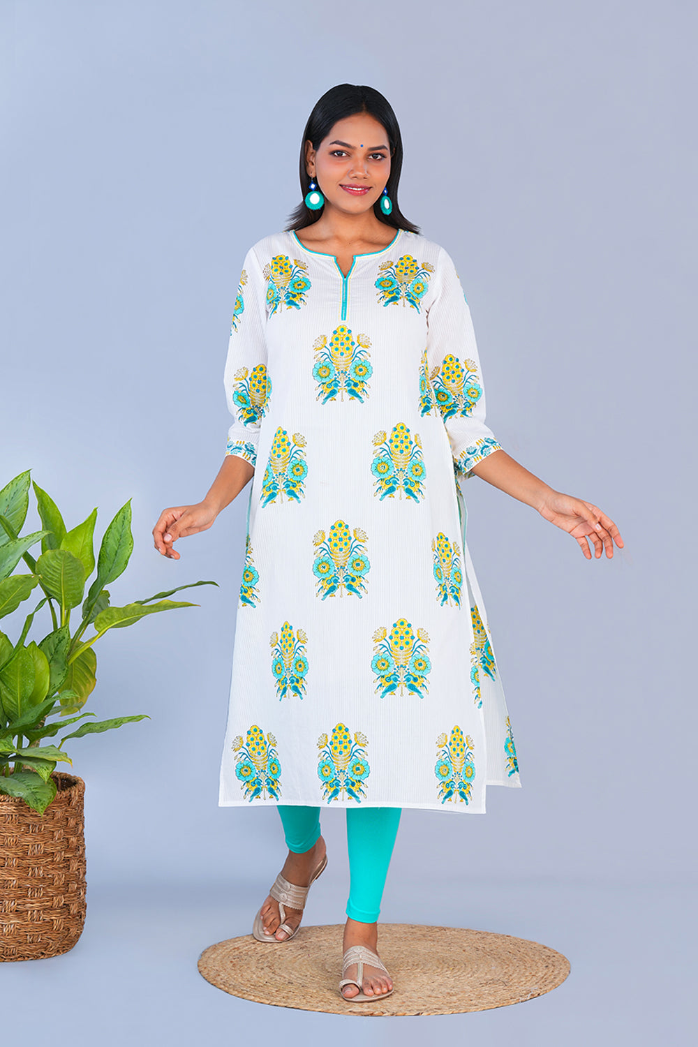 Image of Teal Green Bird block printed cotton Kurta