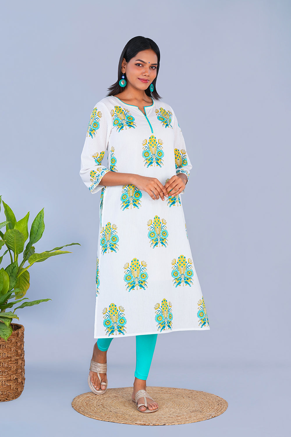 Image of Teal Green Bird block printed cotton Kurta