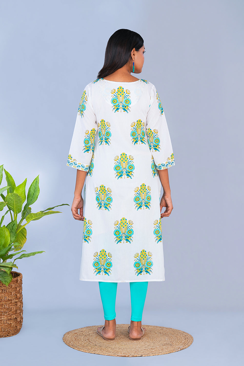 Image of Teal Green Bird block printed cotton Kurta