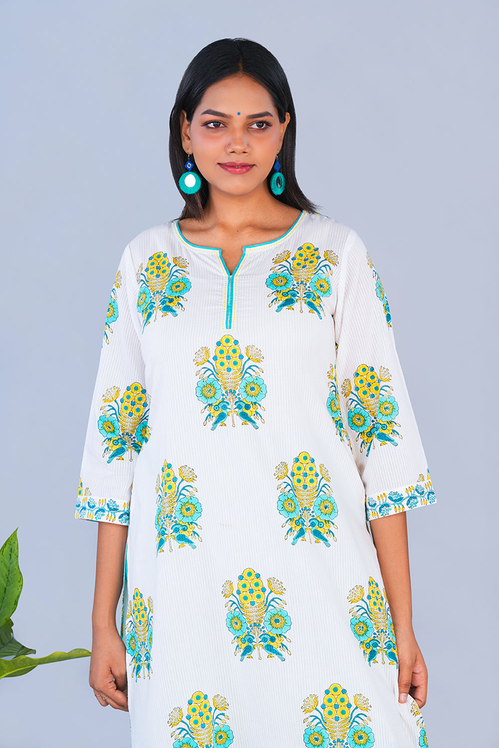 Image of Teal Green Bird block printed cotton Kurta