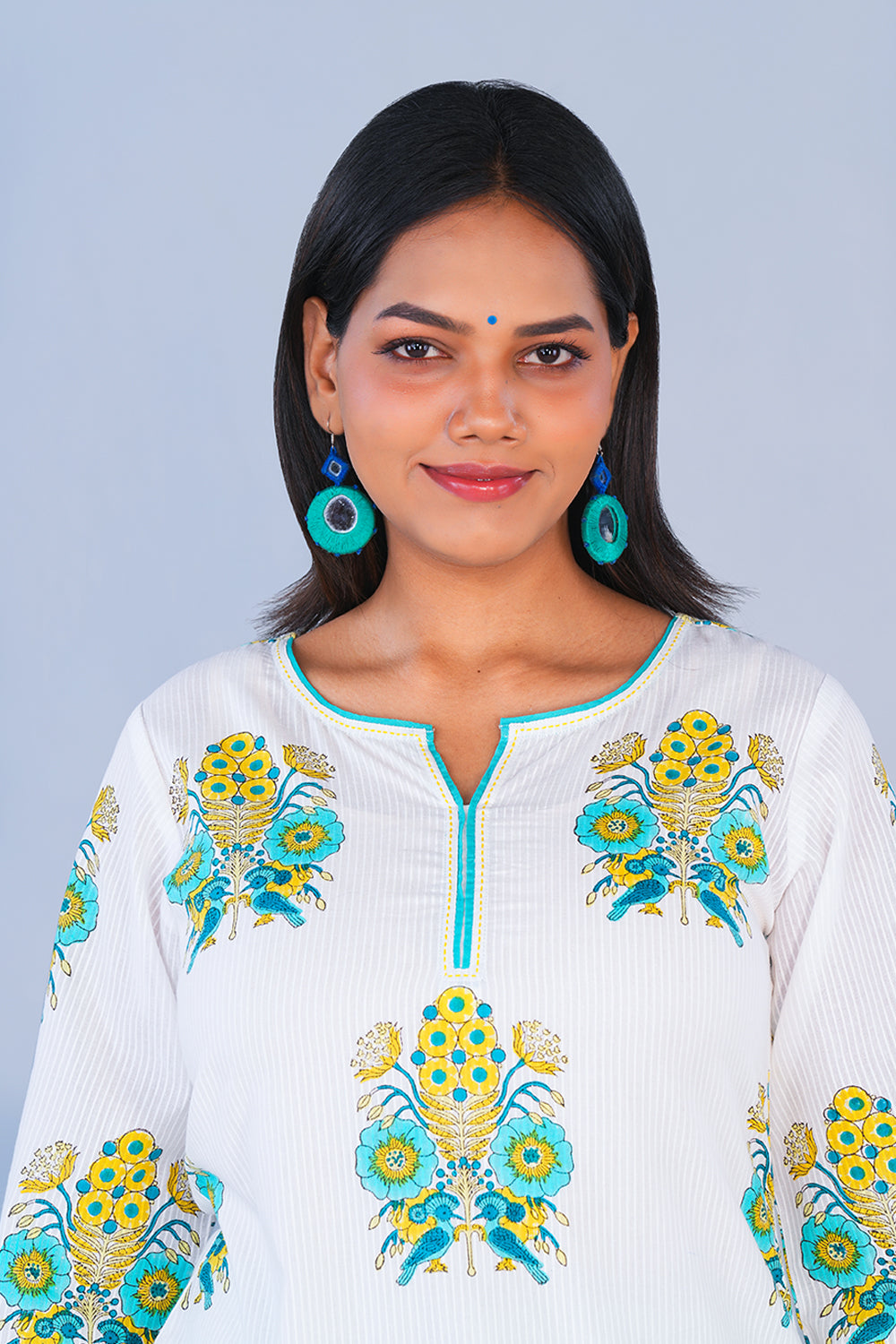 Image of Teal Green Bird block printed cotton Kurta