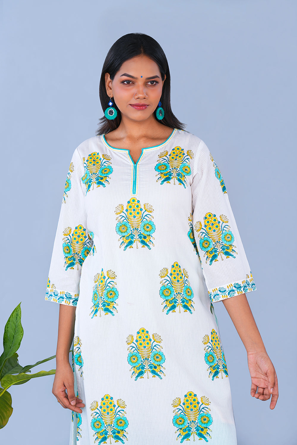 Image of Teal Green Bird block printed cotton Kurta
