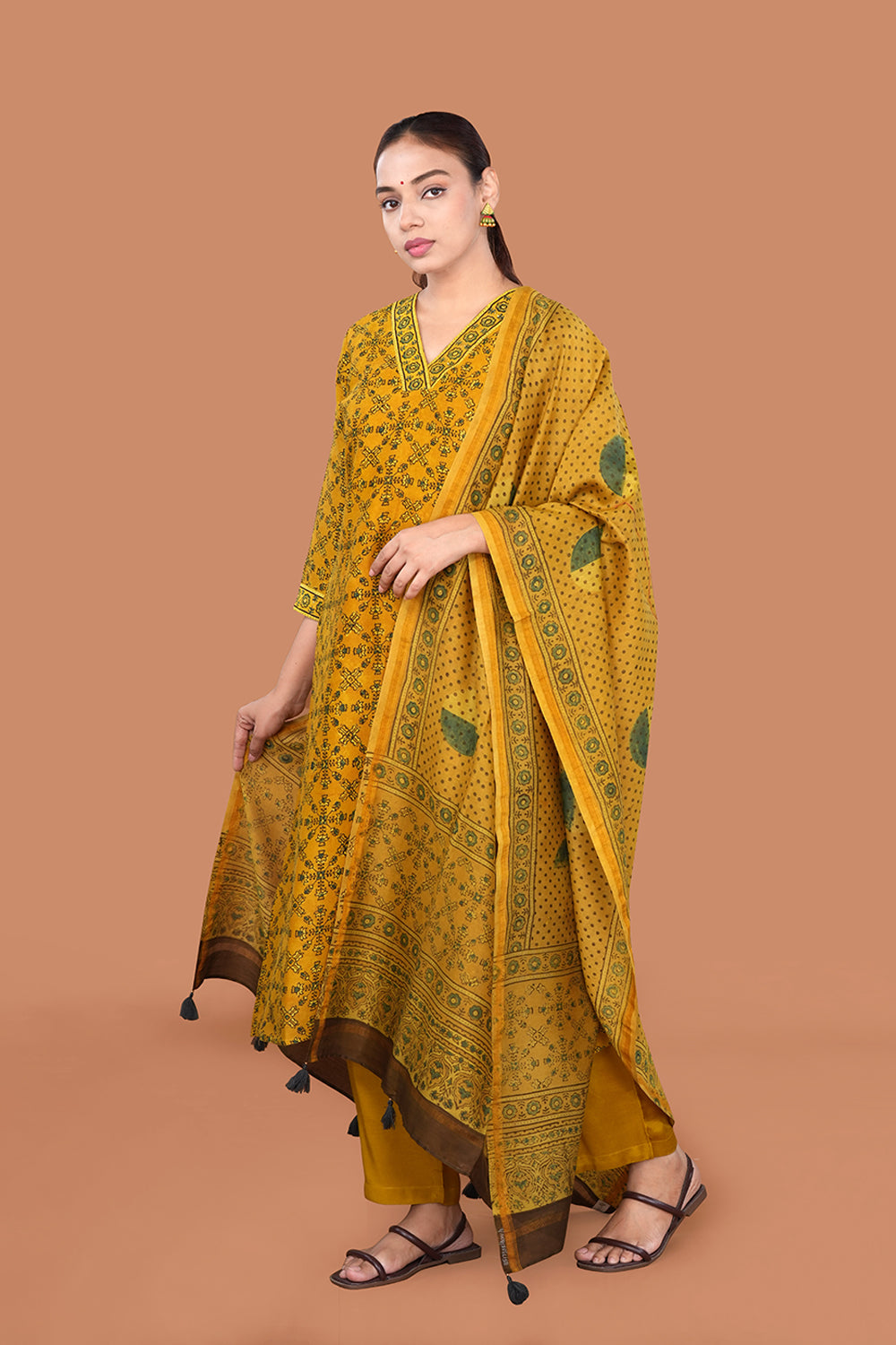 Image of Spiced Mustard Yellow Ajrakh Chanderi Kurta set