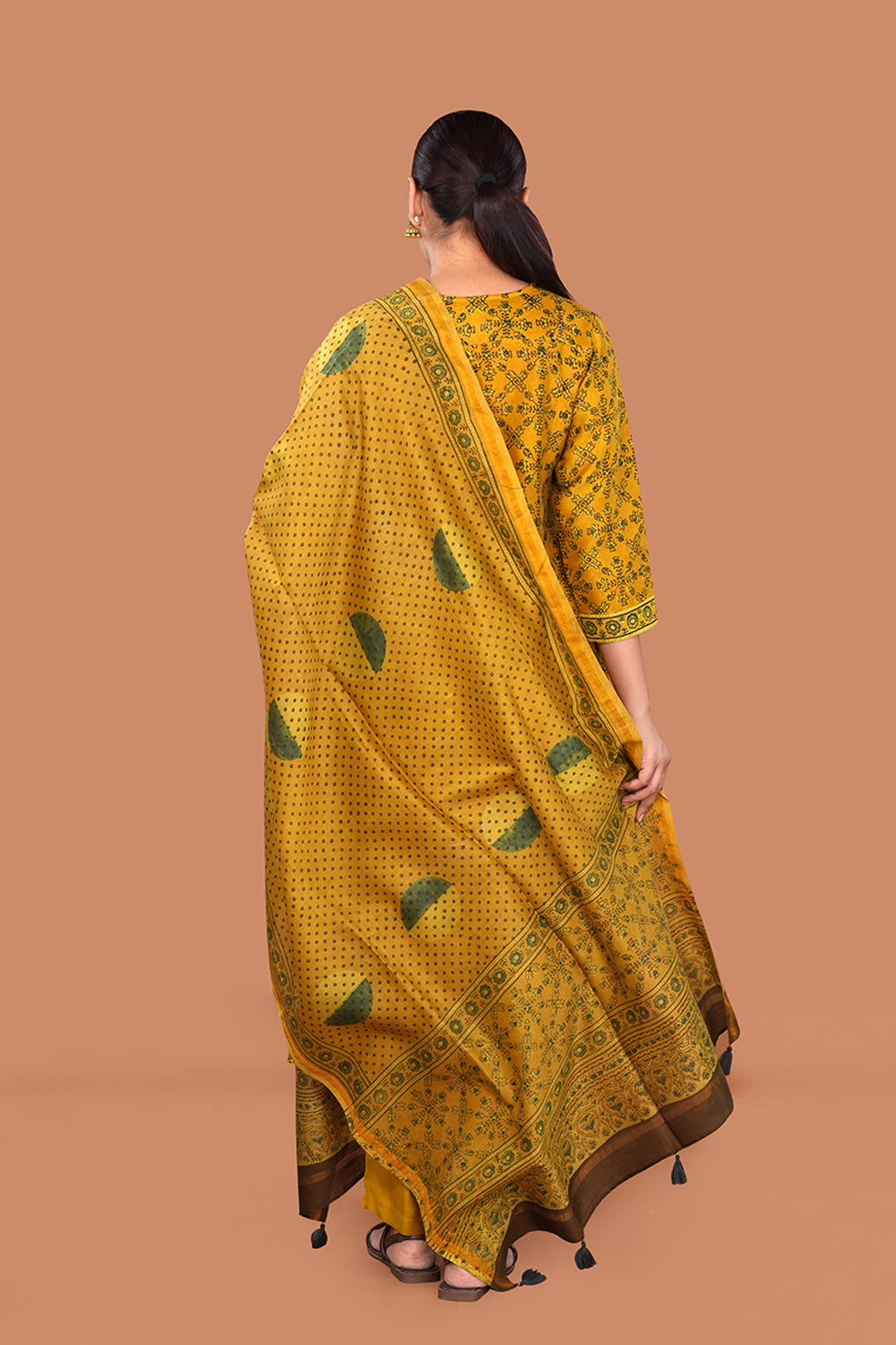 Image of Spiced Mustard Yellow Ajrakh Chanderi Kurta set