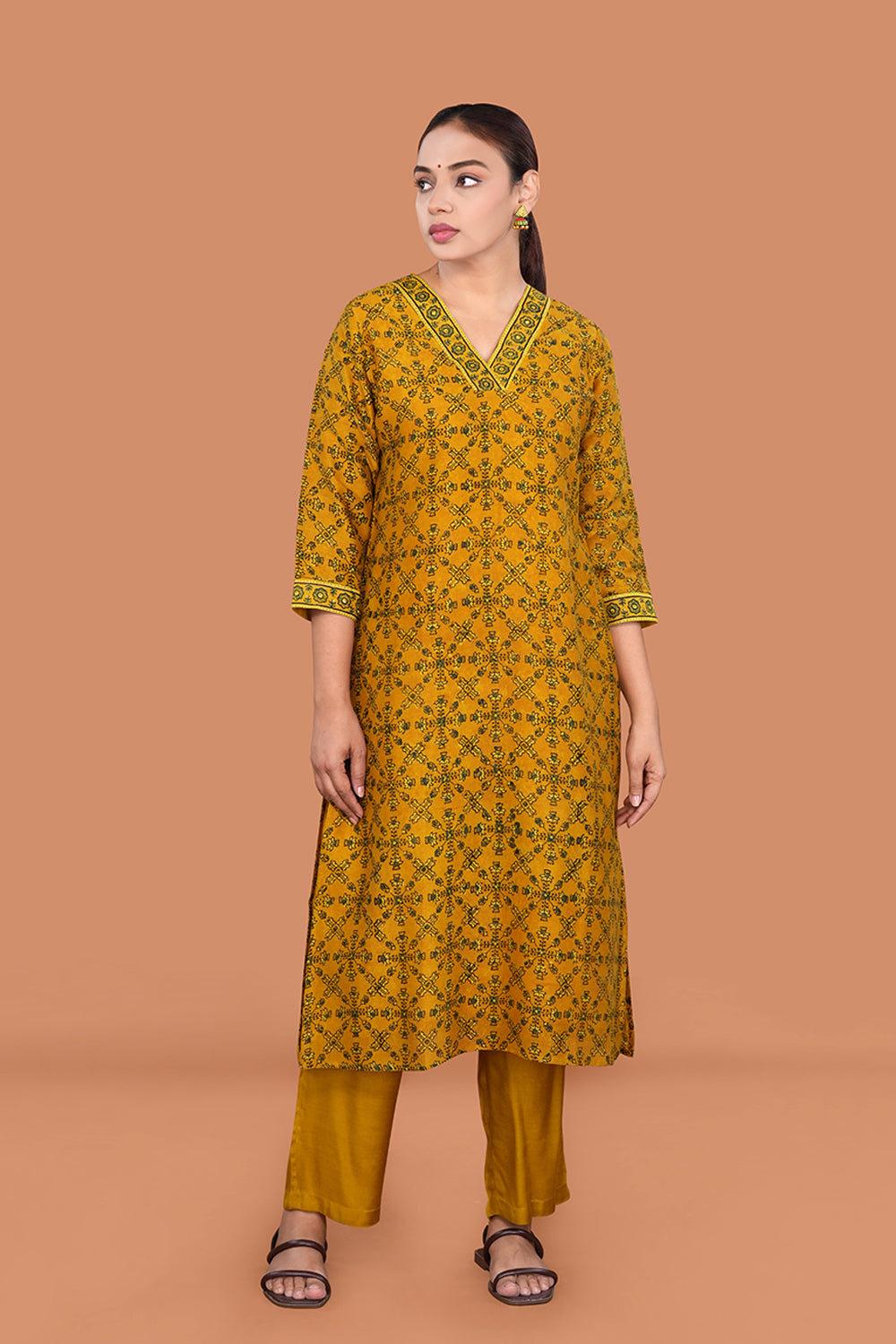 Image of Spiced Mustard Yellow Ajrakh Chanderi Kurta set