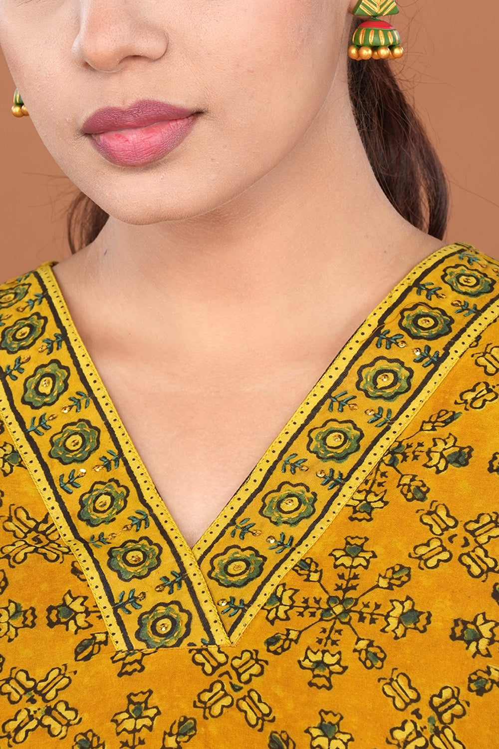 Image of Spiced Mustard Yellow Ajrakh Chanderi Kurta set