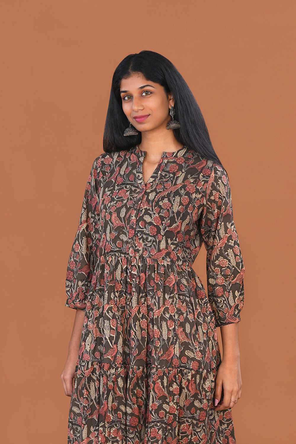 Image of Dark Olive Kalamkari Mul Cotton dress