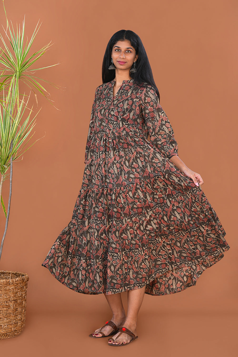 Image of Dark Olive Kalamkari Mul Cotton dress
