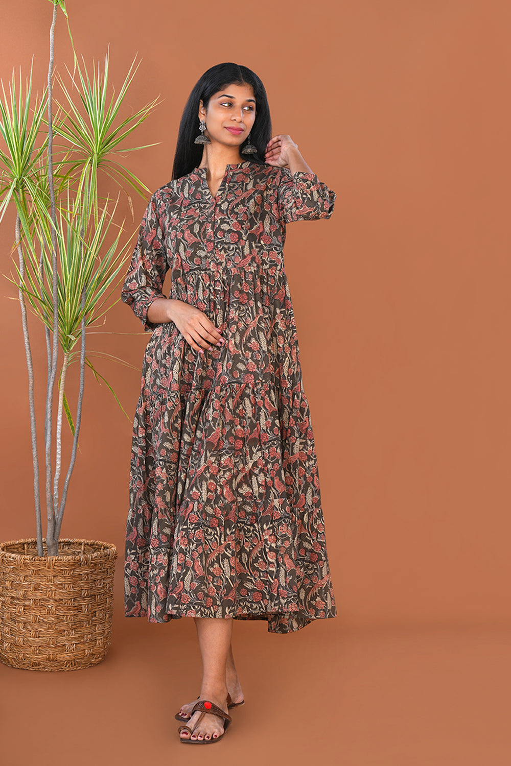 Image of Dark Olive Kalamkari Mul Cotton dress