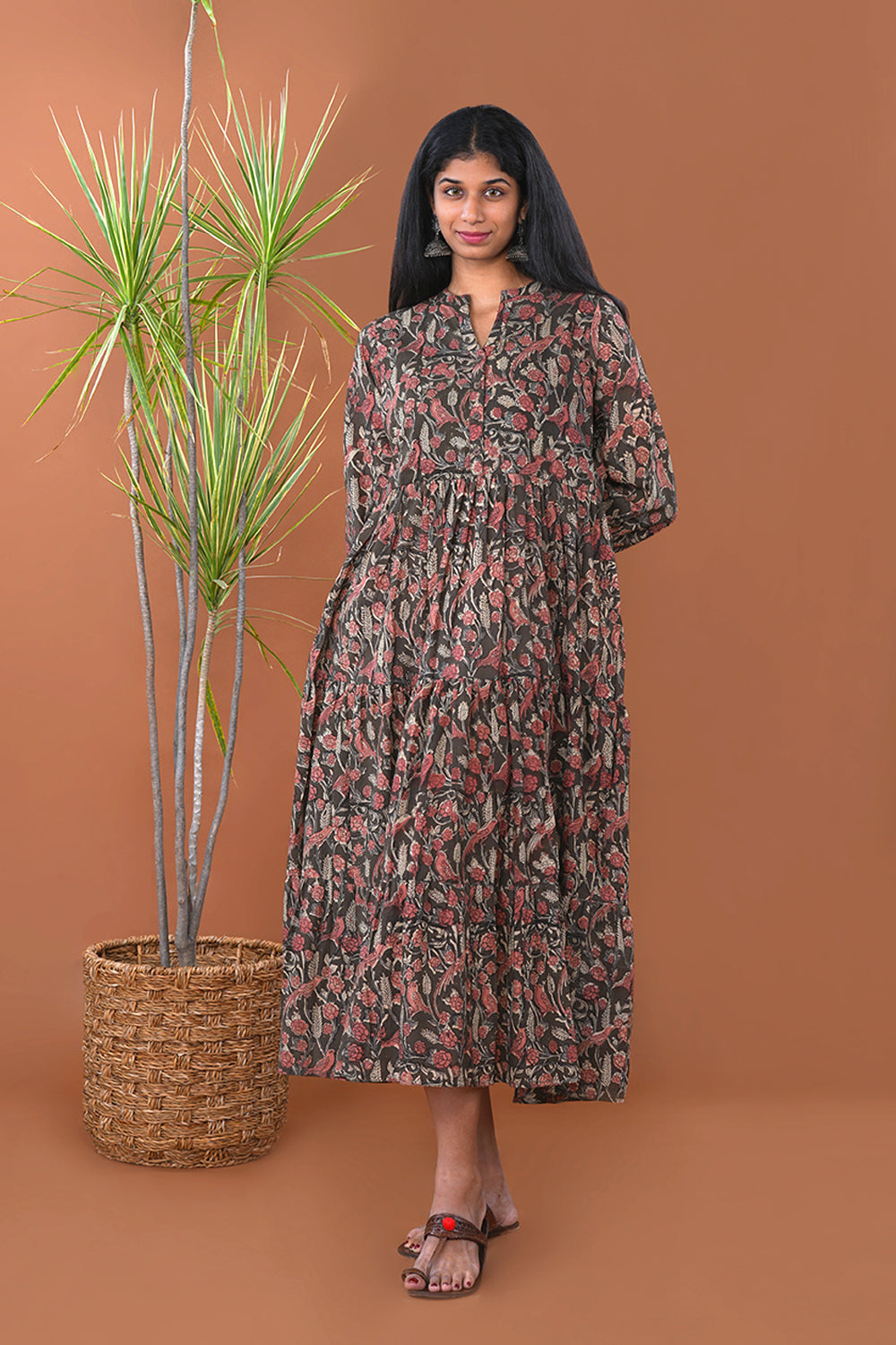 Image of Dark Olive Kalamkari Mul Cotton dress