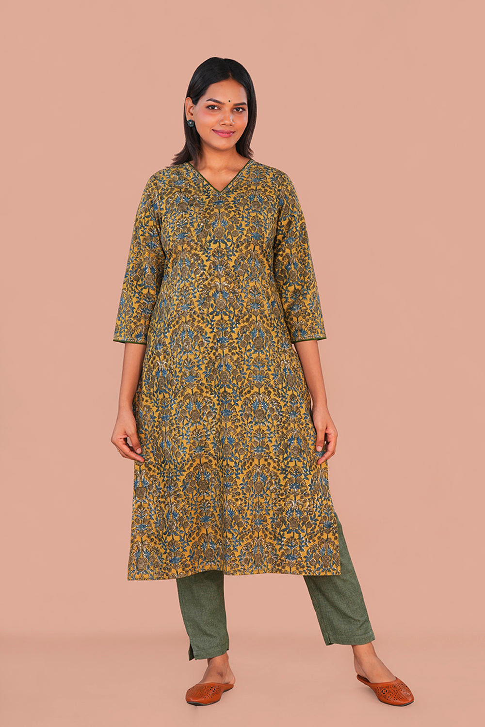 Image of Mustard Kalamkari Cotton Kurta