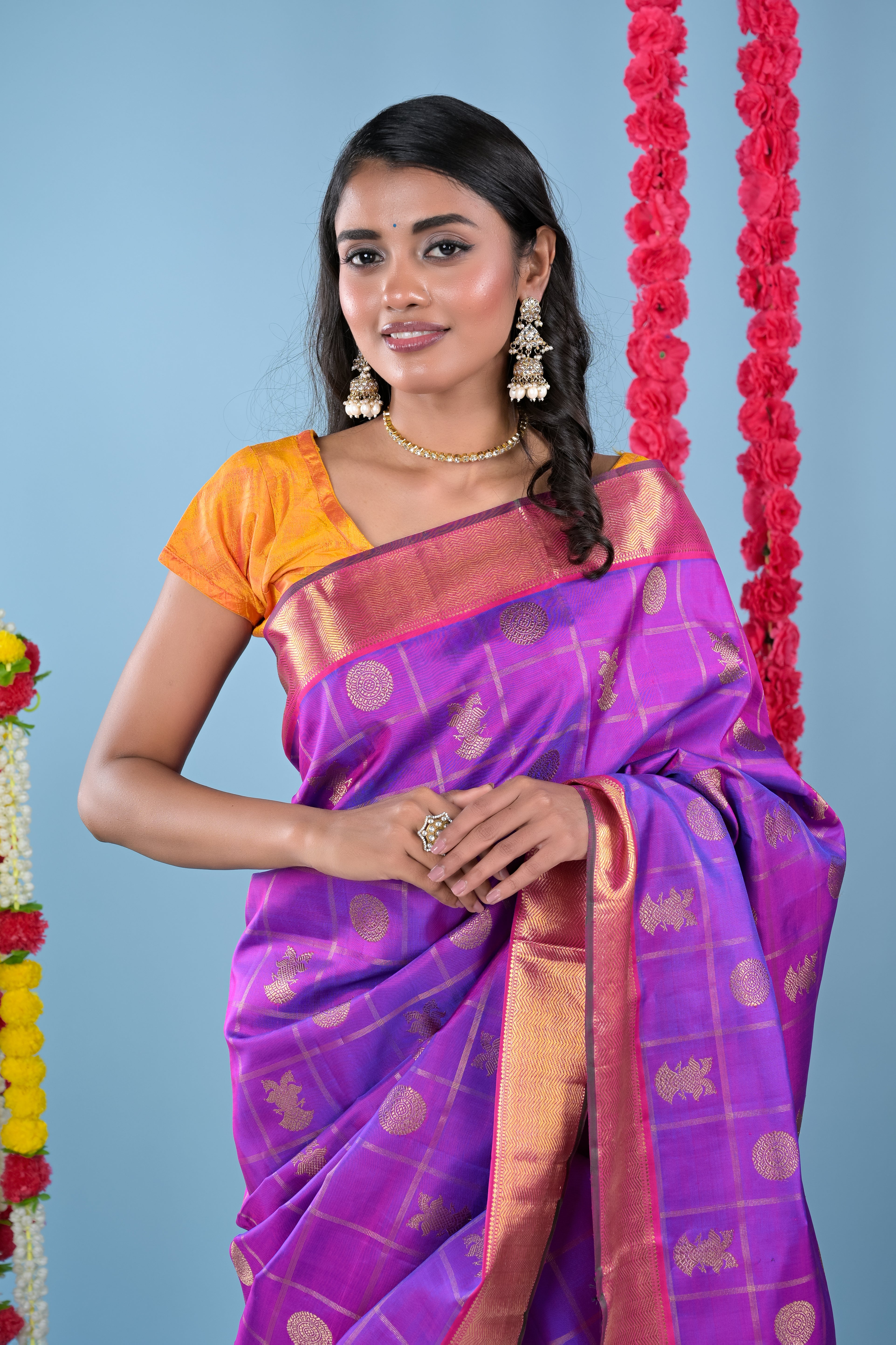 Image of Kanchipuram Silk Kattam Purple Saree