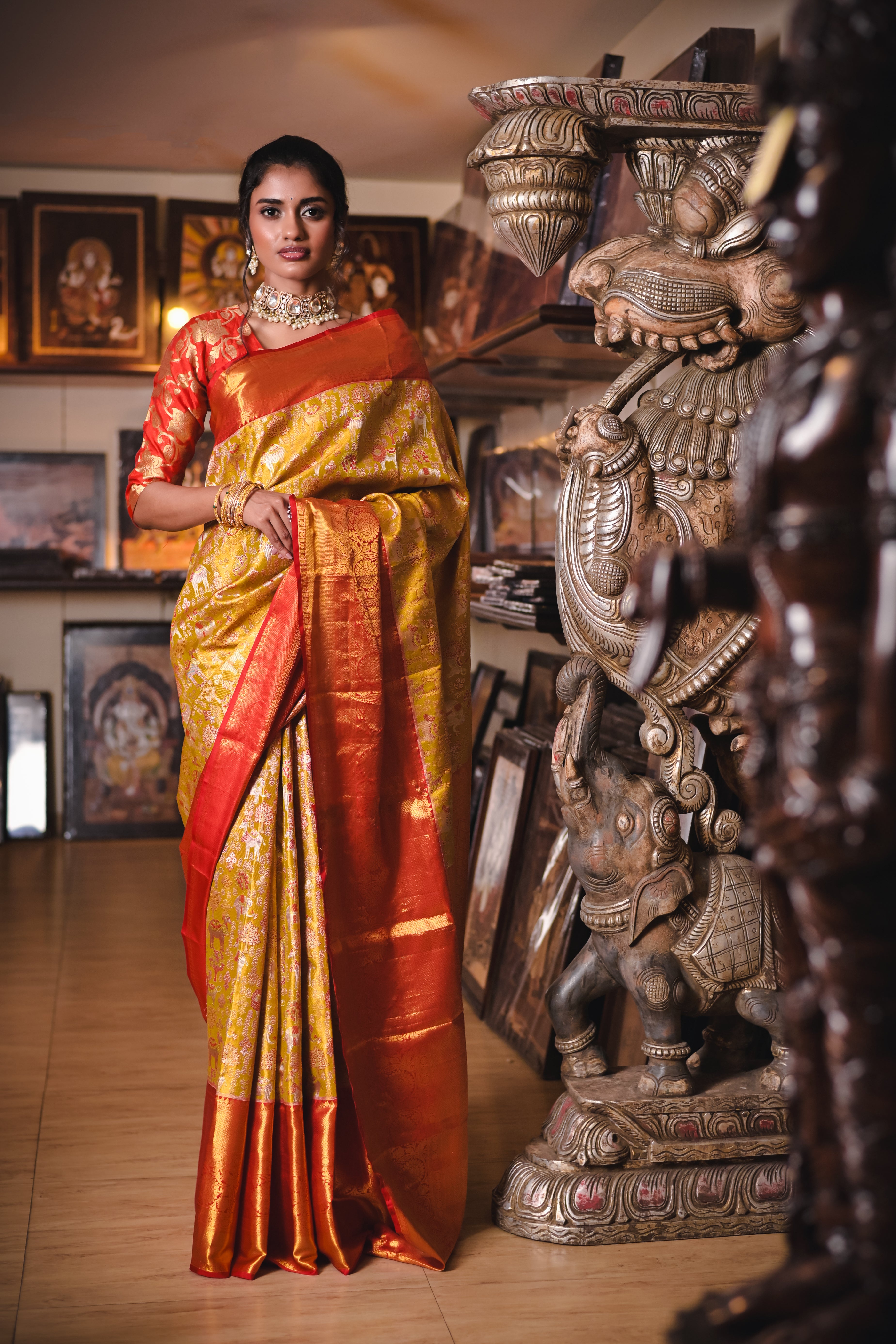 Kanchipattu Gold Green Saree