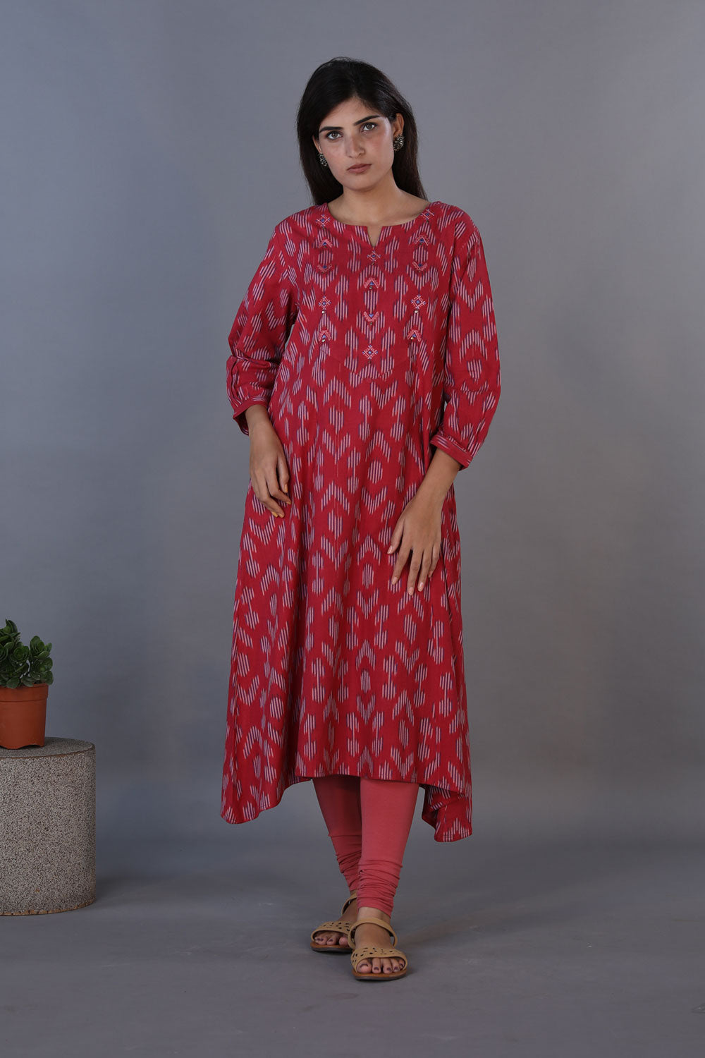 Collection of Vintage Mauve Embroidered Cotton Ikat Kurti in a gallery layout