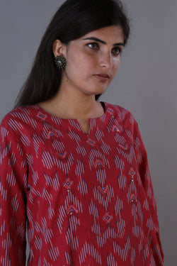 Collection of Vintage Mauve Embroidered Cotton Ikat Kurti in a gallery layout