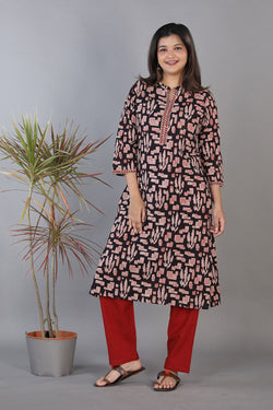 Collection of Black Hand Block Printed Cotton Straight Fit Kurti in a gallery layout