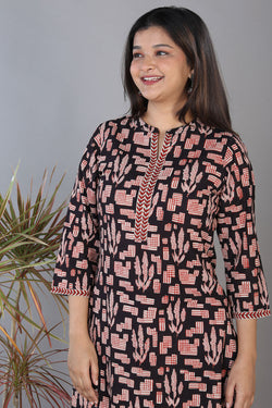 Collection of Black Hand Block Printed Cotton Straight Fit Kurti in a gallery layout