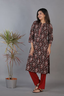 Collection of Black Hand Block Printed Cotton Straight Fit Kurti in a gallery layout