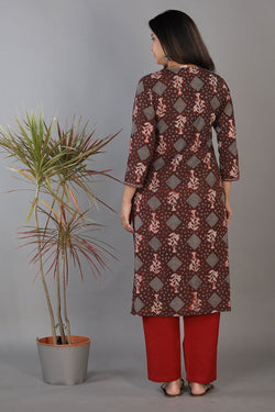 Image of Bagru Handblock Printed Thread Embroidered Panelled Kurti