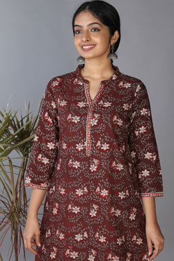 Collection of Bagru Handblock Printed Thread Embroidered Panelled Kurti in a gallery layout