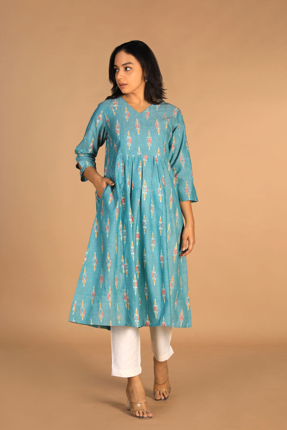 Collection of Handwoven Cotton Pochampally Ikat Kurti in a gallery layout