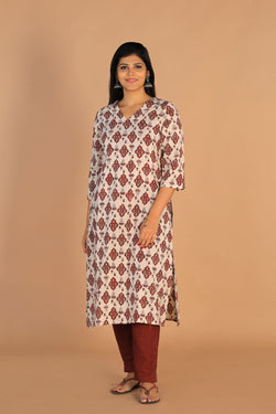 Collection of Off - White Cotton Bagh Handblock Printed Kurta in a gallery layout