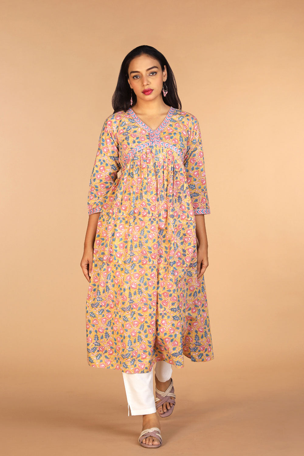 Collection of Floral Sanganeri hand blockprinted cotton dress in a gallery layout