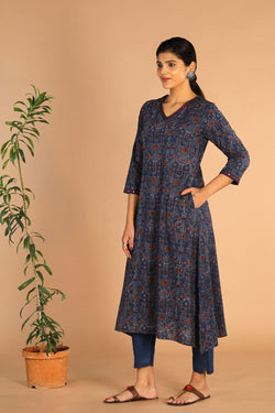 Collection of Ajrakh Embroidered A Line Kurti in a gallery layout