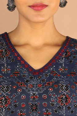 Collection of Ajrakh Embroidered A Line Kurti in a gallery layout