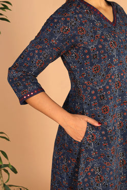 Collection of Ajrakh Embroidered A Line Kurti in a gallery layout