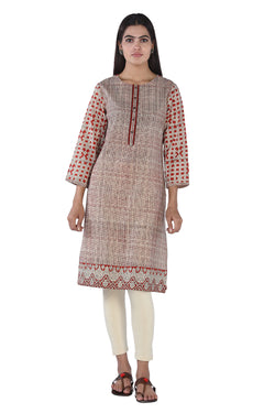 Collection of Beige and red hand block printed cotton kurti in a gallery layout