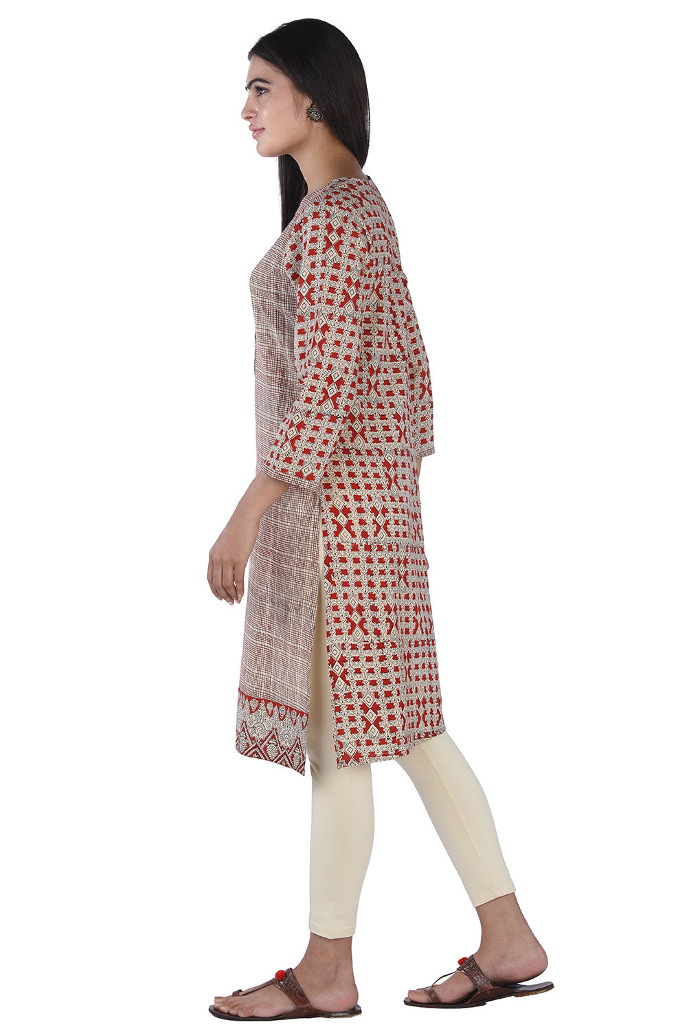 Collection of Beige and red hand block printed cotton kurti in a gallery layout