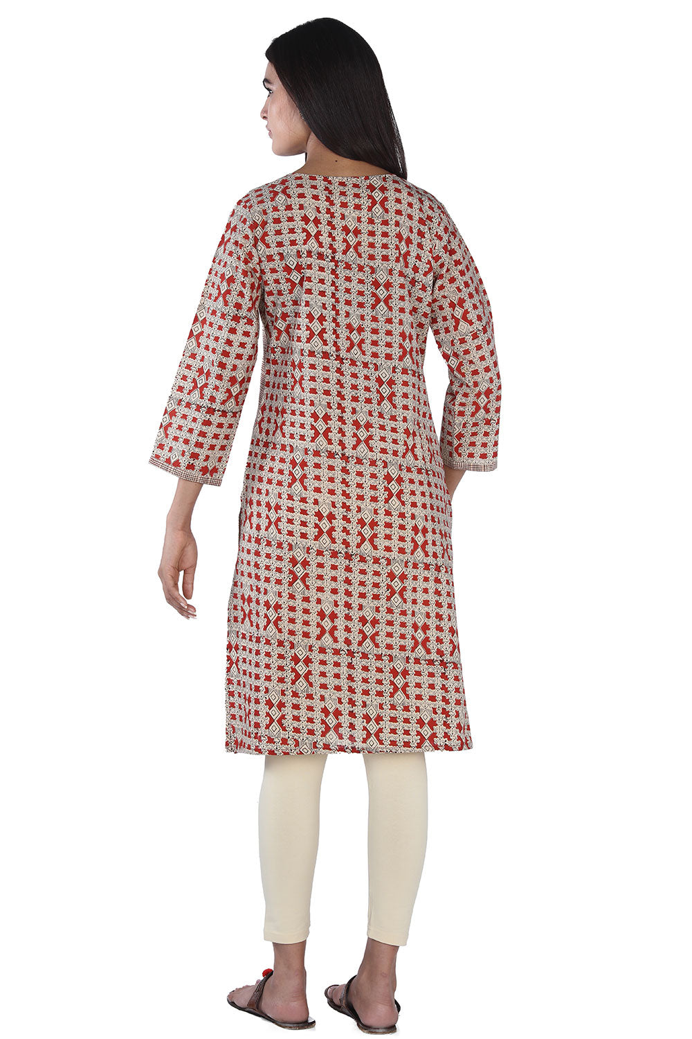 Collection of Beige and red hand block printed cotton kurti in a gallery layout