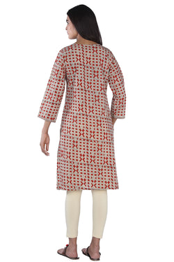 Collection of Beige and red hand block printed cotton kurti in a gallery layout