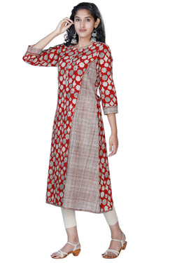 Image of Chilli Red color bagru hand block printed pure cotton kurti