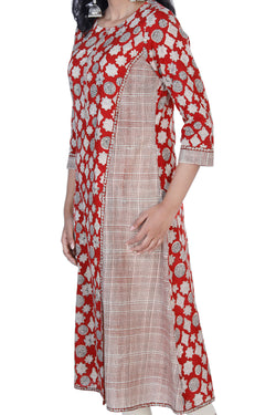 Image of Chilli Red color bagru hand block printed pure cotton kurti